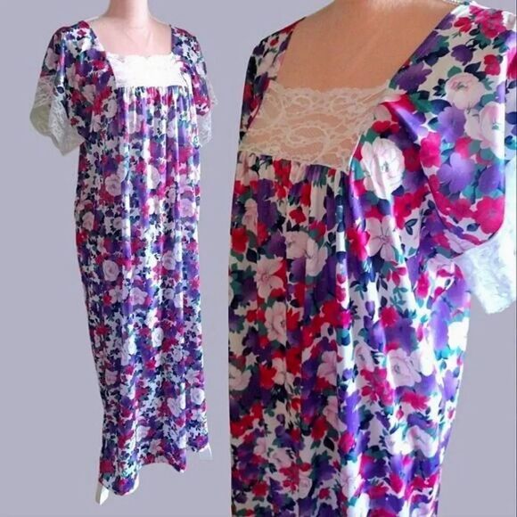 VTG 80s Valisere Colorful Purple Floral Satin Lace Trim Nightgown One Size - Picture 1 of 17